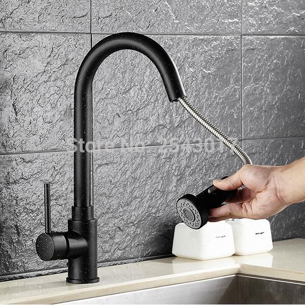 Kitchen Pull Out Faucet Black Painted 360 Swivel Flexible Hot and Cold Mixer Taps Deck Mounted ZR356