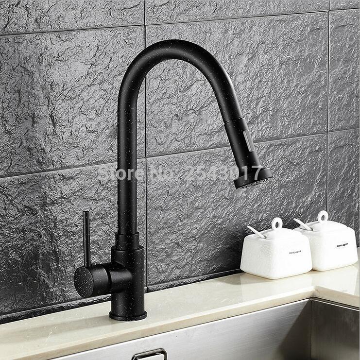 Kitchen Pull Out Faucet Black Painted 360 Swivel Flexible Hot and Cold Mixer Taps Deck Mounted ZR356