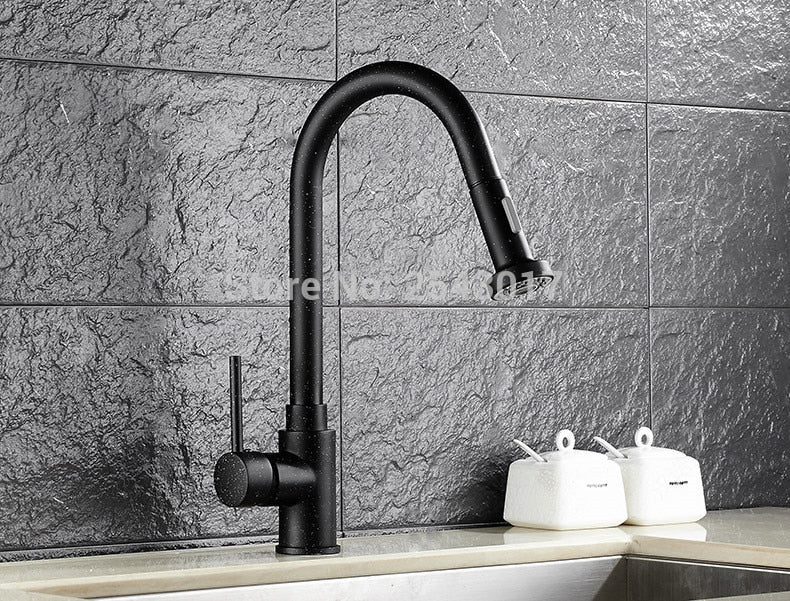 Kitchen Pull Out Faucet Black Painted 360 Swivel Flexible Hot and Cold Mixer Taps Deck Mounted ZR356